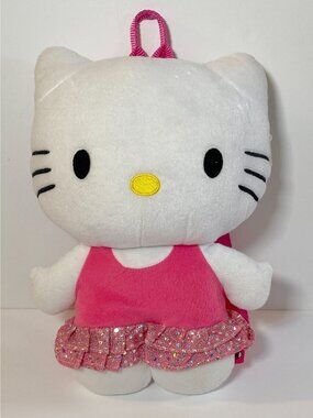 Sanrio Hello Kitty Plush Backpack Adjustable Straps Pink White Sparkles 14"